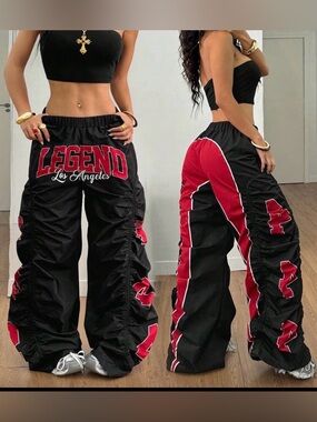 Black & Red Wide-Leg Track Pants
